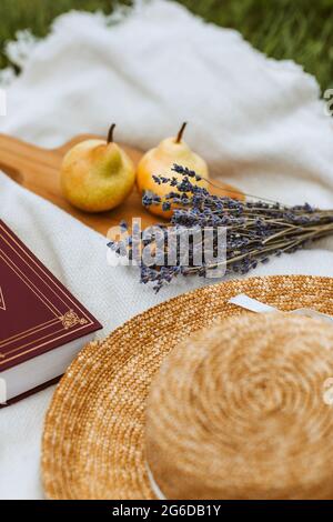 Coperta da pic-nic con accessori femminili collocati sul prato verde in estate soleggiato giorno in campagna Foto Stock
