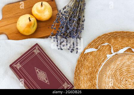 Coperta da pic-nic con accessori femminili collocati sul prato verde in estate soleggiato giorno in campagna Foto Stock
