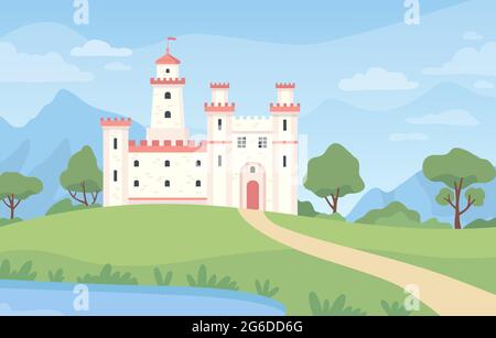 Paesaggio con castello medievale. Cartoon fantasy palazzo reale con torri. Antico palazzo del regno, prato verde, stagno e cielo blu scena vettoriale Illustrazione Vettoriale