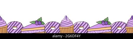 Bordo orizzontale senza cuciture con ciambelle smaltate, cupcake al mirtillo e torte con frutti di bosco. Illustrazione vettoriale disegnata a mano del piè di pagina con dessert in stile doodle colore. Perfetto per menu, decorazioni. Illustrazione Vettoriale