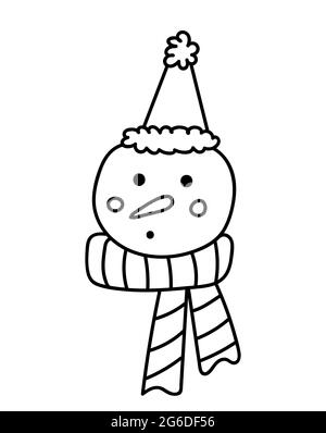 Simpatico pupazzo di neve in un cappello con un pompon e una sciarpa isolato su sfondo bianco. Illustrazione vettoriale disegnata a mano in stile doodle. Perfetto per carte, decorazioni, disegni per le vacanze. Illustrazione Vettoriale