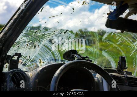 vista del parabrezza dall'interno di un'auto attraverso una finestra coperta da uno strato di palude secca dopo aver guidato fuori strada in una giornata di sole, auto sporca interno Foto Stock
