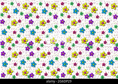 sfondo a margherita tridimensionale riempito con confetti di dimensioni del cordone. Le margherite sono delineate in nero e sono disponibili in giallo, blu, verde, viola e rosa. Foto Stock