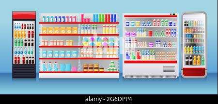 Scopri frigoriferi, vetrine refrigeranti con confezioni di prodotti colorate Illustrazione Vettoriale