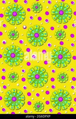 Brillante pinwheel a forma di fiori di giallo, verde e blu top uno sfondo giallo brillante. Polka puntini in viola e fiori bianchi circondano. Foto Stock