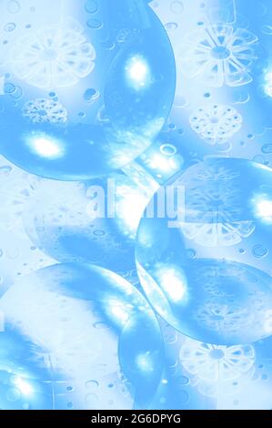 Pianeti e piattini volanti esistono in uno spazio esterno sovraffollato. I pianeti 3D e le nova leggere sono resi in toni di blu. Foto Stock