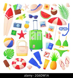 Set di elementi colorati estivi. Vacanze in spiaggia, concetto di paradiso del viaggio in mare. Illustrazione vettoriale di stock isolata su sfondo bianco in cartone animato Illustrazione Vettoriale