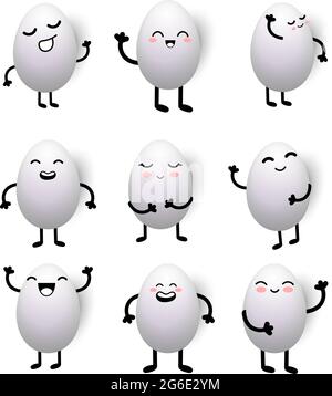 Happy Pasqua uova bianche nove diversi cartoni animati viso isolato su sfondo bianco - illustrazione vettoriale Illustrazione Vettoriale