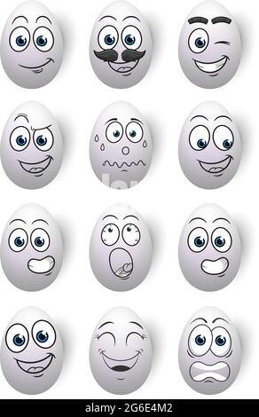 Happy Pasqua uova bianche nove diversi cartoni animati viso isolato su sfondo bianco - illustrazione vettoriale Illustrazione Vettoriale