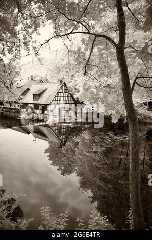 Immagine a infrarossi, storico mulino a martelli, museo, fonte carsica del Blau, Blautopf in Blaubeuren, Alb sveva, Baden-Wuerttemberg, Germania Foto Stock