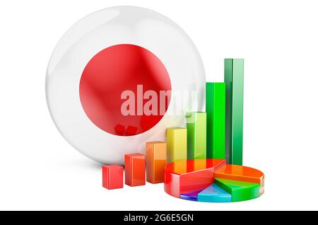 Bandiera giapponese con grafico a barre della crescita e grafico a torta. Economia, finanza, statistiche economiche in Giappone concetto. Rendering 3D isolato su sfondo bianco Foto Stock