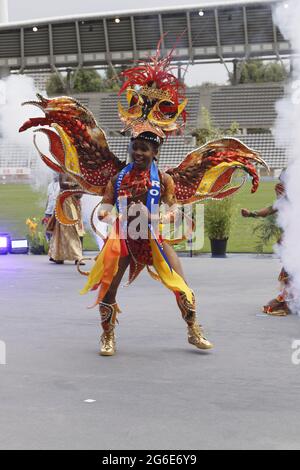 Parigi, Francia. 4 luglio 2021. La ventesima edizione del Carnevale tropicale di Parigi organizzato dalla Città di Parigi e dalla Federazione del Carnevale tropicale Foto Stock