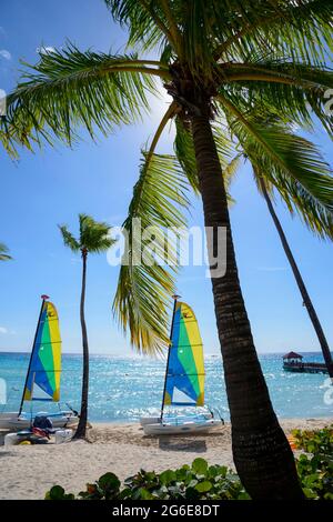 Catamarano, Dominicus Beach, Bayahibe, Caraibi, America, Repubblica Dominicana Foto Stock