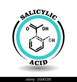 Icona vettoriale circolare con formula chimica di acido salicilico simbolo per la confezione segni di cosmetici anti-acne, tag di prodotto di aspirina medica anti-influenza Illustrazione Vettoriale