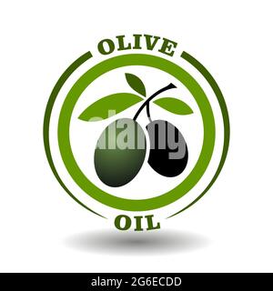 Logo vettoriale circolare olio di oliva con foglie verdi e simbolo di frutta nera in pittogramma rotondo per il segno di cosmetici biologici, etichette per l'etichettatura degli alimenti naturali Illustrazione Vettoriale