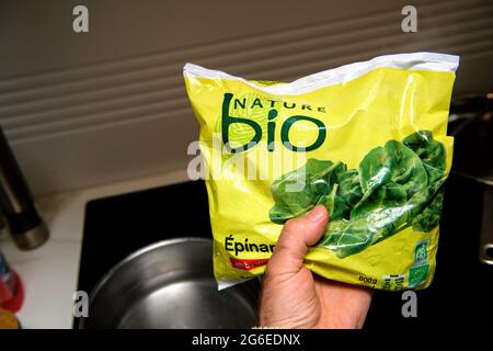 BIO natura prodotto surgelato di spinaci biologici - fondo cucina Foto Stock