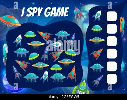 Giochi spia bambini con razzi spaziali e navi. Vettore enigma con cartoni animati aliene ufo piattini in cosmo o galassia con pianeti. Quante navicelle spaziali childre Illustrazione Vettoriale