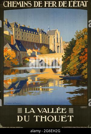 Un poster di viaggio d'epoca per la Valle di Thouet nella Loira, in Francia, che mostra lo Chateau de Thouars Foto Stock