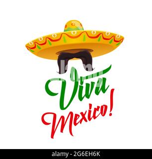 Viva Messico, sombrero con baffi, vettore vacanza messicana simbolica in rosso e verde bandiera colori. Cartoon tradizionale latino cultura simbolo isolato Illustrazione Vettoriale