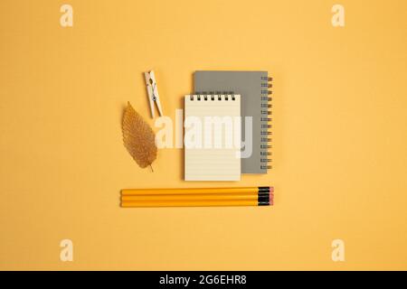 Notebook, matita, clip, foglie su sfondo arancione. Disposizione piatta, vista dall'alto, spazio per la copia. Luogo di lavoro e di studio Foto Stock