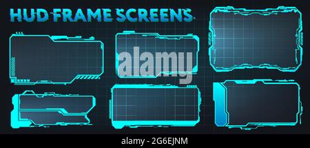 Schermate HUD, UI, GUI, frame interfaccia utente futuristici. Callout titoli e collezione di schede digitali sci-fi. HUD Elements per videogiochi, app Illustrazione Vettoriale