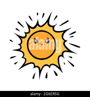 Carattere divertente del sole. Kawaii sole sorridente faccia in stile doodle. Immagine vettoriale in bianco e nero isolata su sfondo bianco Illustrazione Vettoriale