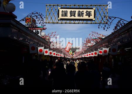 La via nakamise dori del Tempio di Sensoji si stalla durante la festa di Capodanno del Giappone, Asakusa, Tokyo, Giappone Foto Stock