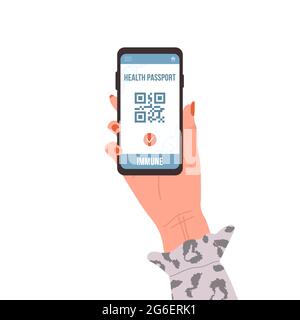 Codice QR con risultato immune elettronico. Controllo della sicurezza dal covid-19. Smartphone femminile con passaporto sanitario sullo schermo digitale. Vettore Illustrazione Vettoriale