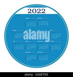 Calendario cerchio blu su 2022 anni. Calendario modello vettoriale in inglese. Per le aziende su sfondo bianco. La settimana inizia dalla domenica. Illustrazione Vettoriale