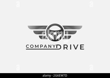 Logo Vector car. Combinazione volante con simbolo o icona ali. Esclusivo modello di logotipo del timone Illustrazione Vettoriale