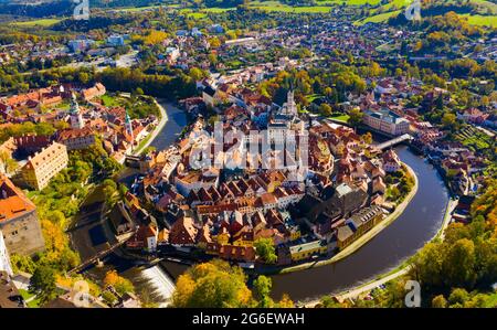 Cesky Krumlov sul fiume Moldava, Repubblica Ceca Foto Stock