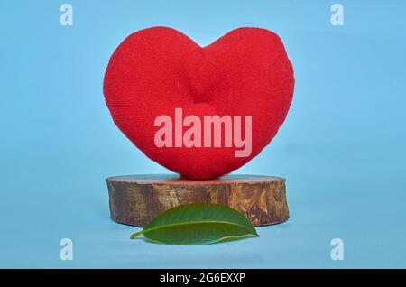 Un cuore giocattolo morbido e una foglia di ficus su un supporto in legno su uno sfondo blu pieno Foto Stock