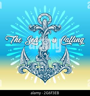 Emblema di ancoraggio della nave con la scritta il mare sta denominando disegnato in stile vintage. Illustrazione vettoriale. Illustrazione Vettoriale