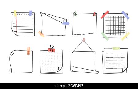Doodle appunti disegnati a mano e promemoria set di illustrazioni vettoriali. Illustrazione Vettoriale