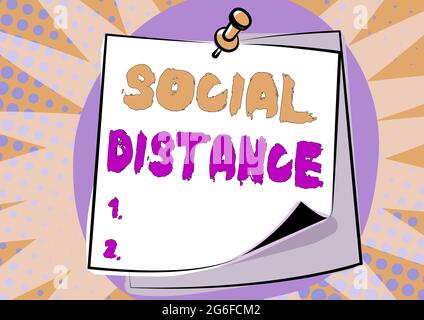 Visualizzazione concettuale distanza sociale. Business idea mantenere una distanza fisica ad alto intervallo per la sicurezza della salute pubblica messaggio colorato Presentazione Foto Stock