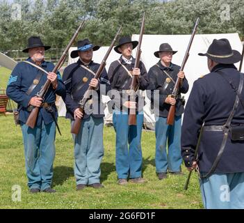 Stonham Barns History Alive event, Living History, Suffolk, Inghilterra, UK 2019 American Union Soldiers Civil War Foto Stock