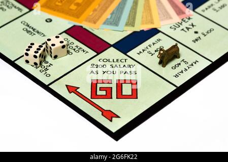 Primo piano del tradizionale gioco di Monopoly Board. Foto Stock