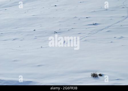 Persona che cammina nella neve. Foto Stock