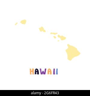 Hawaii mappa isolata. Collezione USA. Mappa delle Hawaii - silhouette gialla. Scritta doodling su bianco Illustrazione Vettoriale