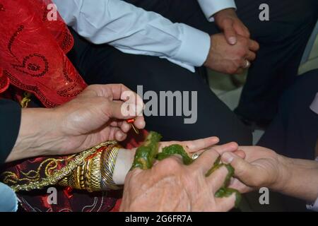 Dipingere le mani. Applicazione dell'hennè sul corpo. Creare un modello sul corpo. Foto Stock