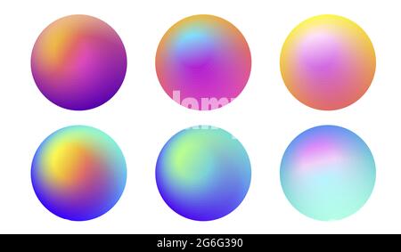 Set od gradient sfere fluorescenti 3d, effetto colore metallo lucido, elemento grafico morbido isolato Illustrazione Vettoriale