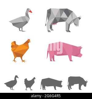 animali da allevamento vettoriali, origami illustrazione geometrica, mucca, maiale, oca, pollo Illustrazione Vettoriale