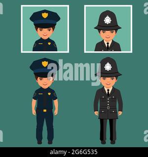 poliziotto e sceriffo britannico uniforme, agenti di polizia vettore persone, professione illustrazione vettoriale Illustrazione Vettoriale