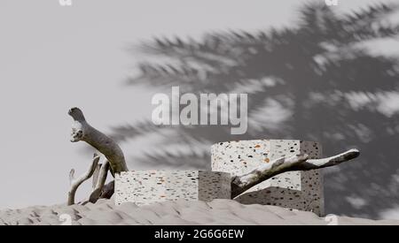 Set display podio 3D. Copia sfondo bianco spazio. Cosmetici o prodotti di bellezza promozione mock-up. Piedistallo in pietra e legno naturale. Foto Stock