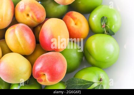 Gruppo di prugne gialle, rosse e verdi, frutti di albicocca su sfondo bianco, concetto di cibo, spazio di copia, vista dall'alto. Foto Stock