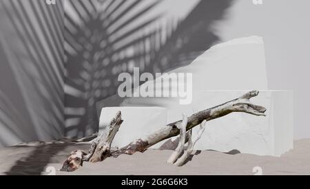 Set display podio 3D. Copia sfondo bianco spazio. Cosmetici o prodotti di bellezza promozione mock-up. Piedistallo in pietra e legno naturale. Foto Stock