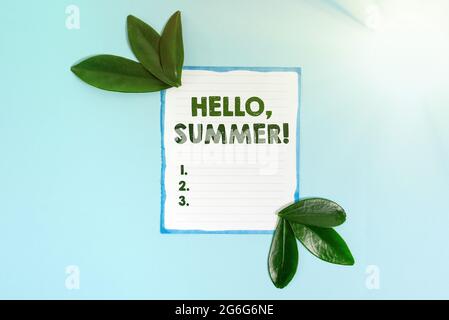 Cartello con la scritta Hello, Summer. Business concept saluto utilizzato quando la stagione calda dell'anno è esperienza natura tema Presentazione idee e. Foto Stock