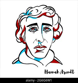 RUSSIA, MOSCA - 29 marzo 2019: Hannah Arendt ha inciso un ritratto vettoriale con contorni a inchiostro. Filosofo e teorico politico americano. Illustrazione Vettoriale