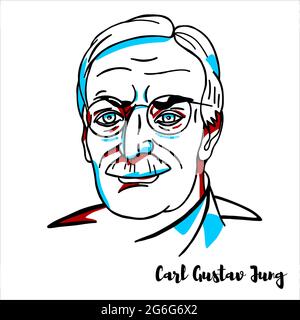 RUSSIA, MOSCA - 08 aprile 2019: Carl Gustav Jung ha inciso il ritratto vettoriale con i contorni dell'inchiostro. Psichiatra e psicoanalista svizzeri che fondarono analita Illustrazione Vettoriale