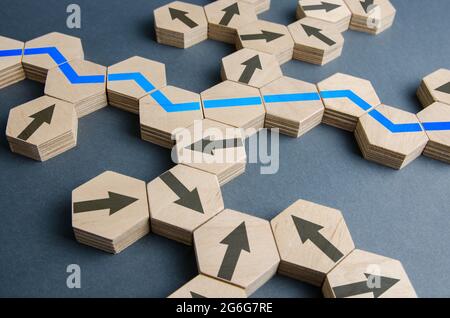 Percorso blu ottimale tra tutte le possibili opzioni di movimento. Pianificazione strategica aziendale, gestione dei rischi. Nuove opportunità di mercato. Piano d'azione, soluzione Foto Stock